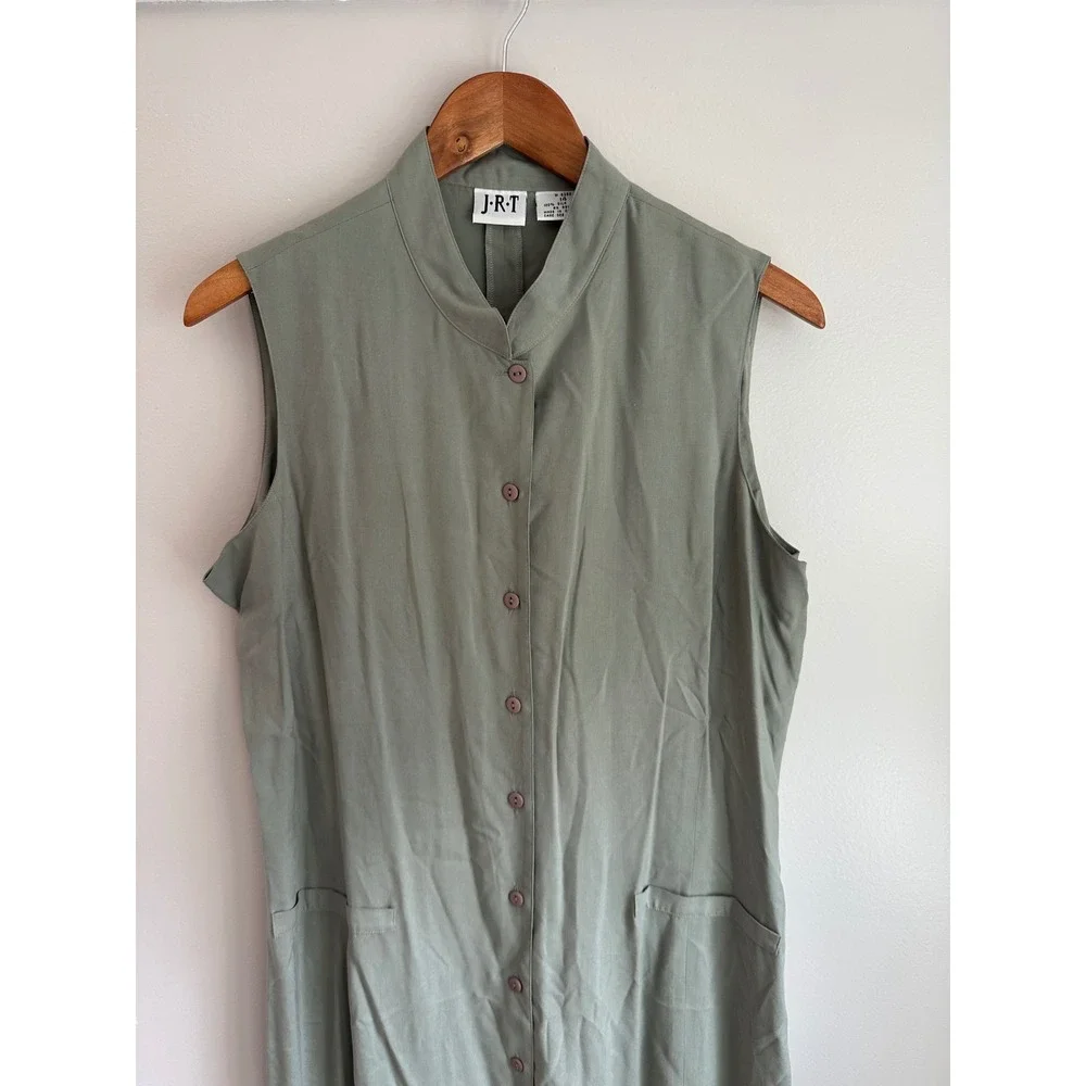 JRT Silk Maxi Dress Womens 14 Sage Green EUC Sleeveless Button Down vintage 90's - Picture 2 of 7